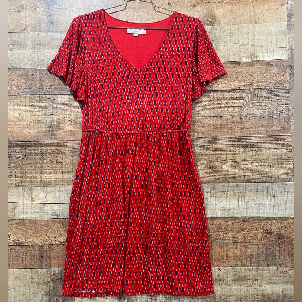 LOFT Red, White & Navy Blue Patterned Dress Size Large